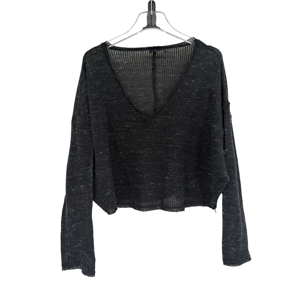 Out From Under Urban Outfitters Charcoal Grey Open Knit V-Neck Cropped Sweater M - Picture 2 of 5